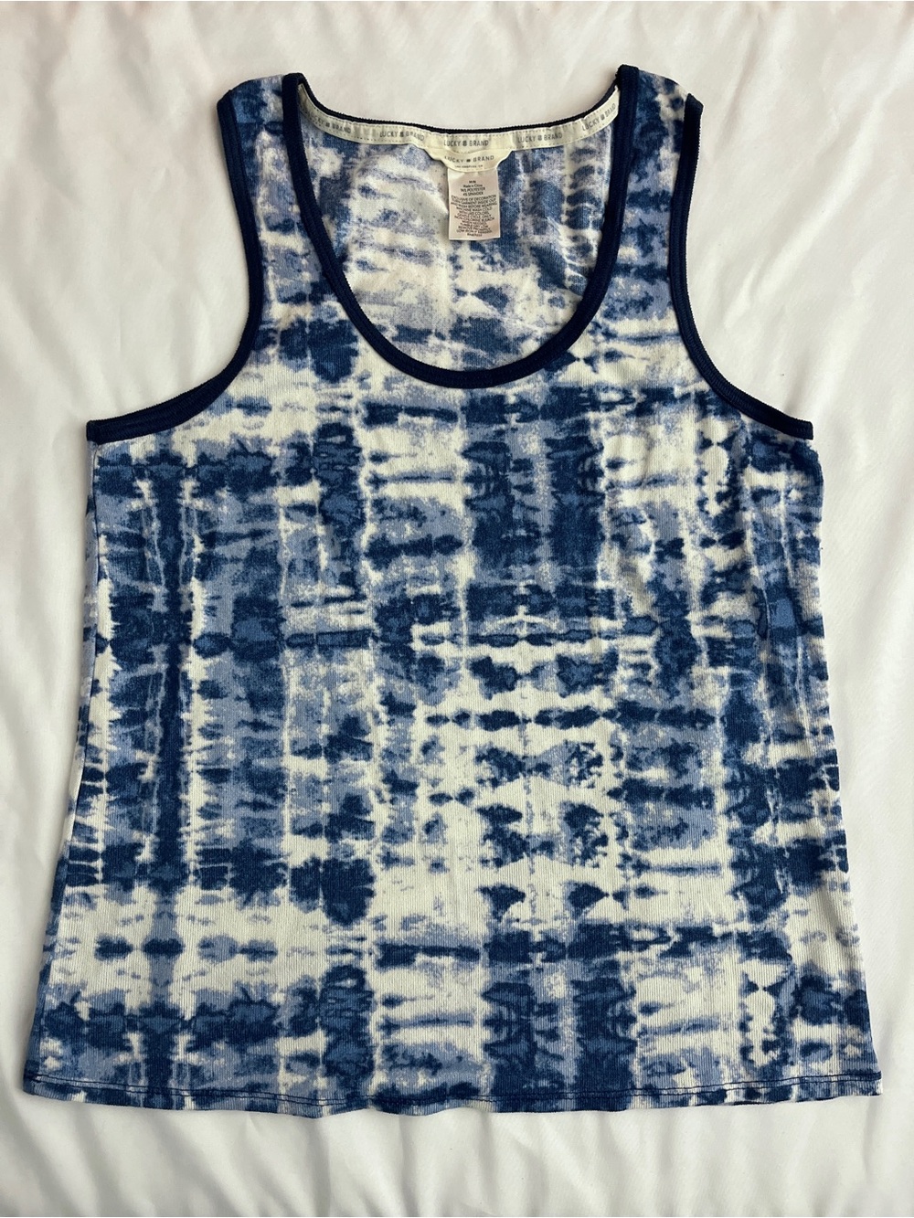 Lucky Brand Blue White Tie Dye Ribbed Scoop Neck Tank Top Medium